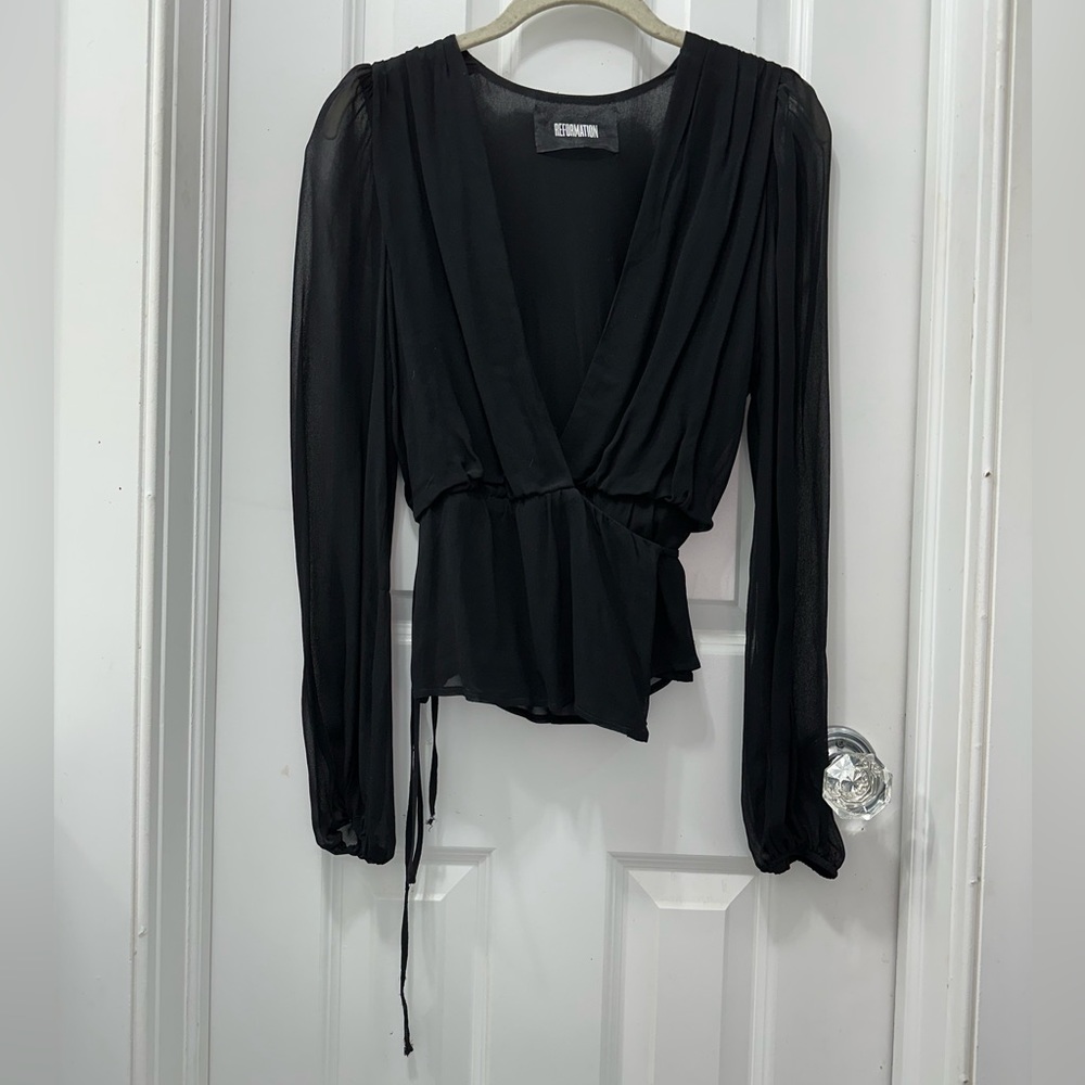 Reformation Black Sheer Wrap Blouse